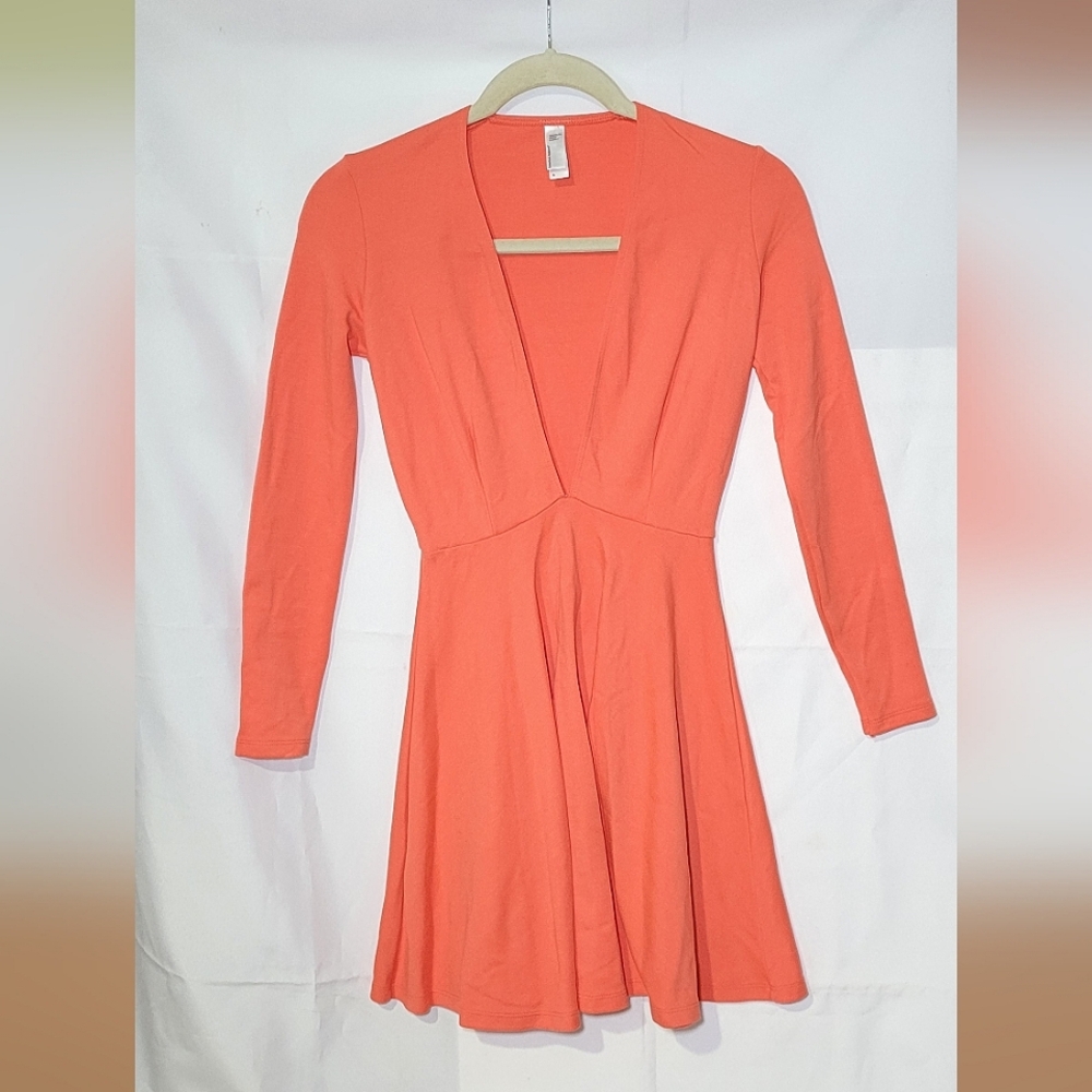 American Apparel, Size Small, Coral V Neck Long Sleeve Skater Dress